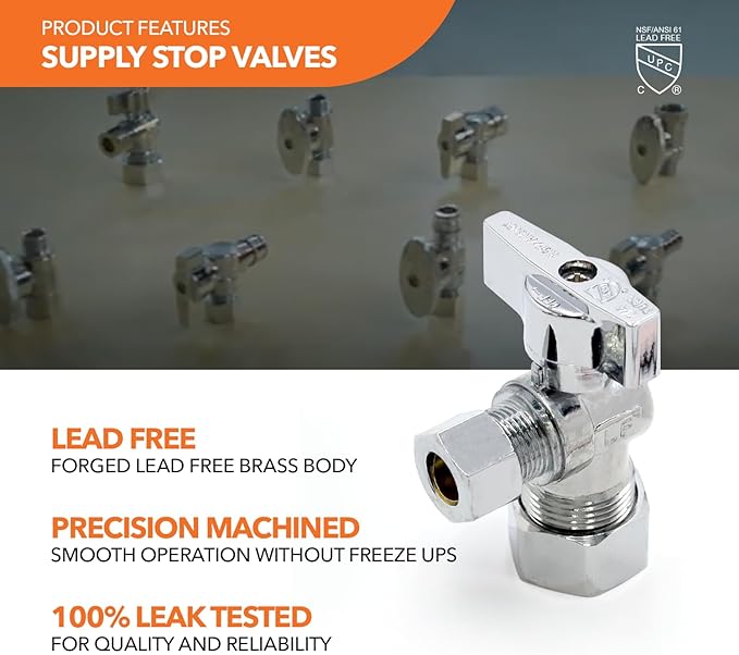 Stainless Steel Toilet Connection Kit - Braided Water Hose, 3/8" Compression x 7/8" Metal Ballcock, 20" Length (5Pack) + Supply Stop Valves, 5/8" x 3/8" Compression (5Pack)