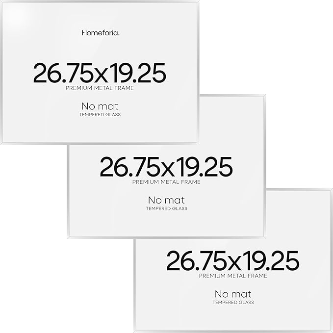 Homeforia 19.25x26.75 Silver Puzzle Frame, High End Metal 19.25 x 26.75 Picture Frames without Mat, 26.75x19.25 Thin Print Frame for Wall, 19.25by26.75 Puzzle Frames, Tempered Glass, Wall Kit, Set of 3