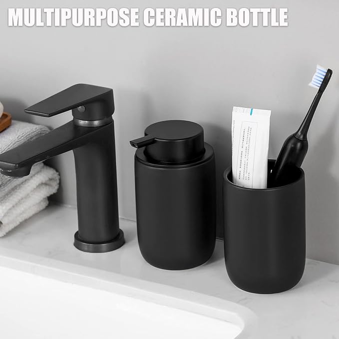 Ceramic Pump Bottle Refillable Lotion Soap Dispenser 12oz Black 2 Pack | Matte - Image 3