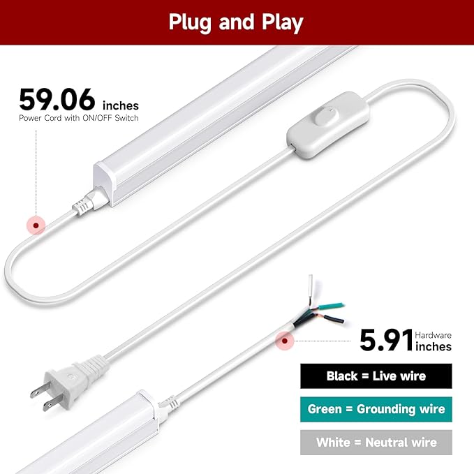 4 Pack T5 LED Shop Light, 4FT, 20W, 6500K 2200LM, Linkable Utility Fixture for Under Cabinet, Kitchen, Garage, Basement, Workshop Lighting, Easy Installation, Plug & Play