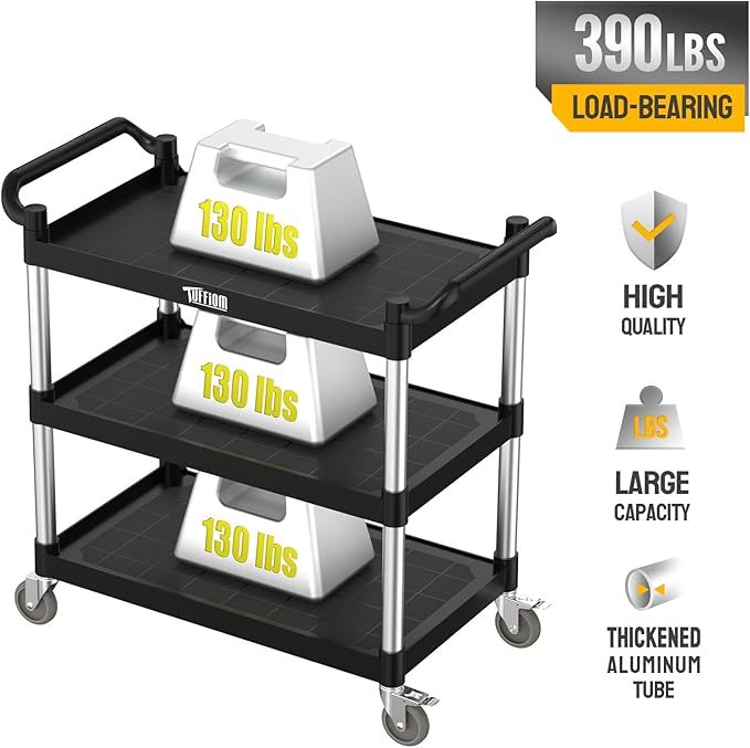 TUFFIOM Plastic Service Utility Cart with Wheels,Heavy Duty 450lbs Capacity, 3-Tier Commercial Rolling, Ideal for Restaurant, Foodservice, Office, Warehouse, Black 40.4''L x 19.7''W x 38.6''H