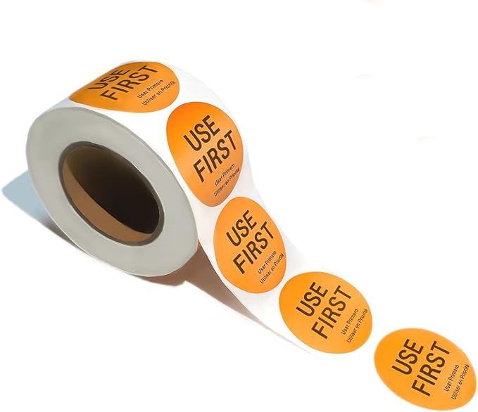500 Pcs 1.5 Inch Use First Stickers Food Service Roll, Risepekt Orange FIFO Label for Restaurant Inventory Control Management, Permanent Super Adhesive Food Circle Dot Labels, Trilingual Product Label