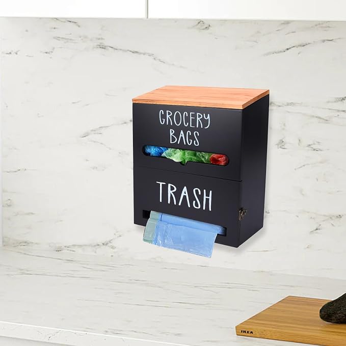 2 in 1 Trash Bag Holder with Grocery Bag Holder, Wooden Trash Bag Dispenser - Image 6