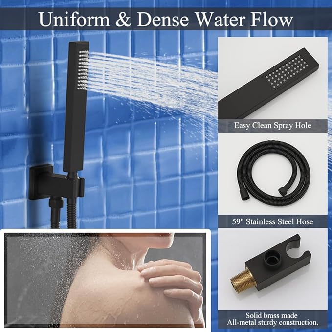 Shower Faucet Set Matte Black Shower System, Knob Switch Diverter Shower Faucet with High Pressure Handheld Spray, Wall Mount 12 Inch Shower Head with 6 Inch Wall Mount Shower Head