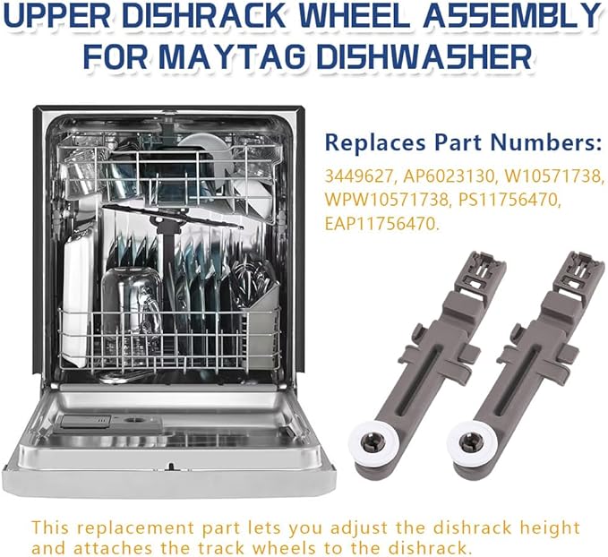 [Upgraded] W10571738 Dishwasher Upper Dishrack Adjuster and Wheel Assembly fit for Maytag/Whirlpool Dishwashers, Replace WPW10571738, 3449627, AP6023130, PS11756470 (2 Pack)