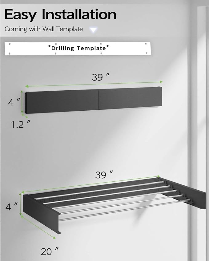 Vikaqi Wall Mounted Clothes Drying Rack 40", Foldable Wall Mount Laundry Rack - Image 6