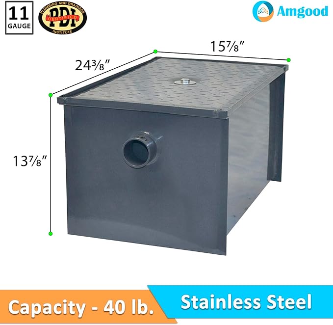 Carbon Steel Grease Trap Interceptor for Restaurant Under Sink Kitchen | PDI Certified (40 LB)