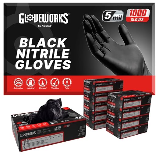 GLOVEWORKS Nitrile Gloves Disposable 5 mil Black Size Large Case of 1000 by GLOVEWORKS