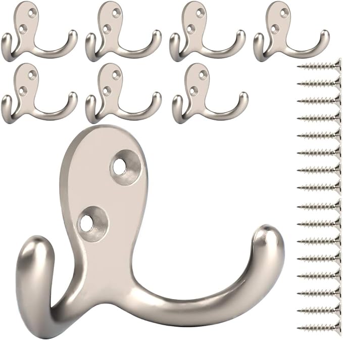 IBosins 8 Pack Silvery Double Prong Coat Hooks Wall Mounted by IBosins