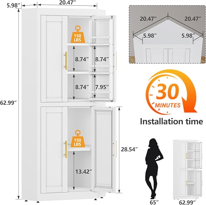 63" Tall Metal Corner Kitchen Pantry Cabinet, Steel Storage Cabinets with 4 Doors and 3 Shelves, Kitchen Food Cabinets with 6 Door Panel Shelves, Farmhouse Cupboard for Kitchen Dining, White