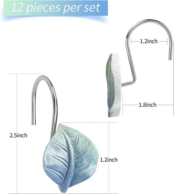 Blue Plant Leaf Shower Curtain Hooks, Eucalyptus Bathroom Decor, Metal Rustproof - Image 6