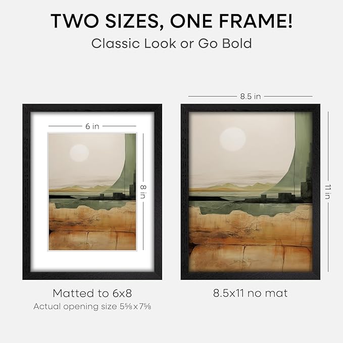Homeforia 8.5x11 Picture Frame Black Wood, High End Oak 8.5 x 11 Frames with Mat 6 by 8 Print, 8.5by11 Wooden Frame Matted to 6x8 inch Photo, Wall or Tabletop Frame, Tempered Glass, Wall Kit, Set of 3