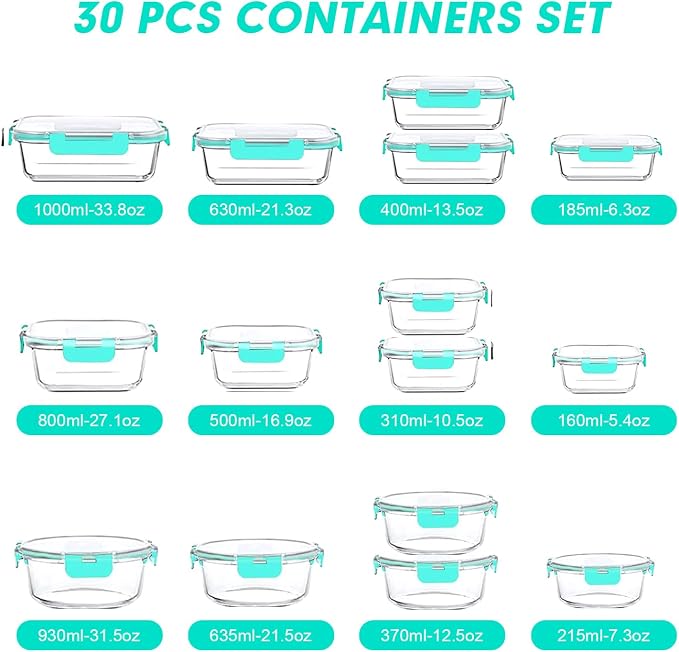 VERONES 30 Pieces Glass Food Storage Containers Set - Image 2