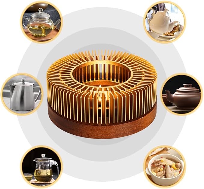 Teapot Warmer, Aluminum Tea Warmer with Wooden Base, Candle Heater for Heating Tea, Coffee, Milk, Food,Camping and Traveling, Universal Teapot Heater (Large-with Wooden Base)
