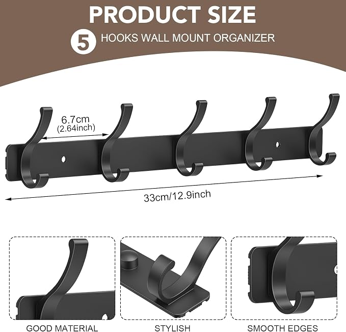 Wall Mount Coat Rack 2 Pack, Smooth Hook Edges, Screw Installation, Double - Image 2