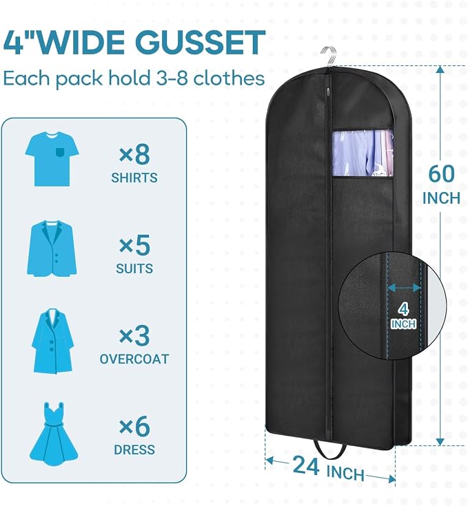 KIMBORA 60" Dress Garment Bags for Hanging Clothes Travel, Gusseted Garment - Image 3
