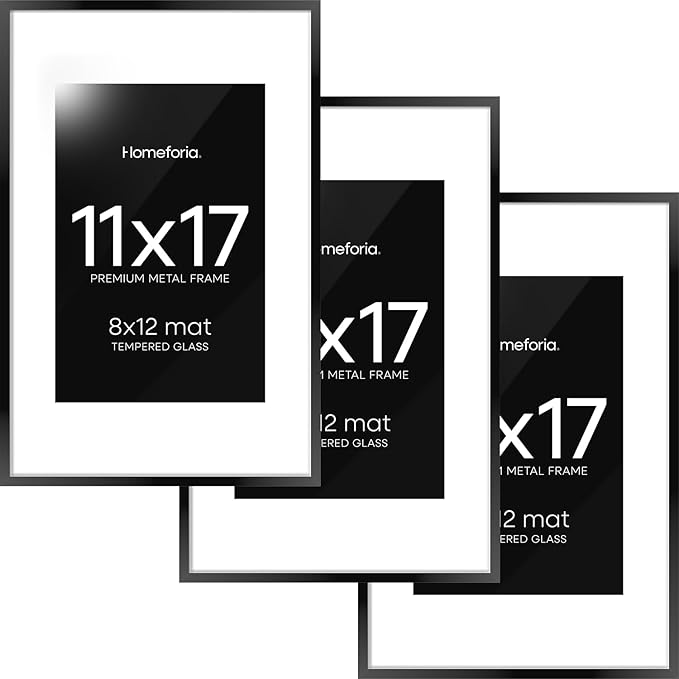 Homeforia 11 x 17 Picture Frame Black, High End Metal 11x17 Poster Frames with Mat 8x12 for Photo, 11 x 17 Black Frame Matted to 8 x 12 inch Print, 17x11 Thin Frame, Tempered Glass, Wall Kit, Set of 3