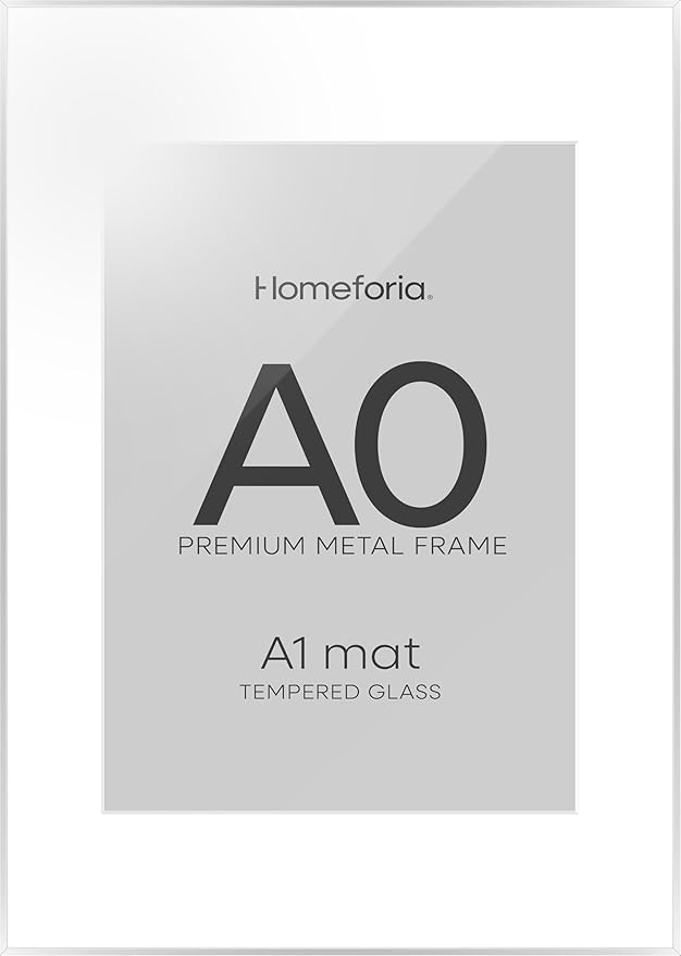Homeforia A0 Poster Frame Silver, High End Metal A0 Large Picture Frame Silver with Mat A1 for Photo, 33.1x46.8 Frames Matted to 23.4x33.1 Print, 33.1 by 46.8 Frame, Tempered Glass, Wall Kit, Set of 1