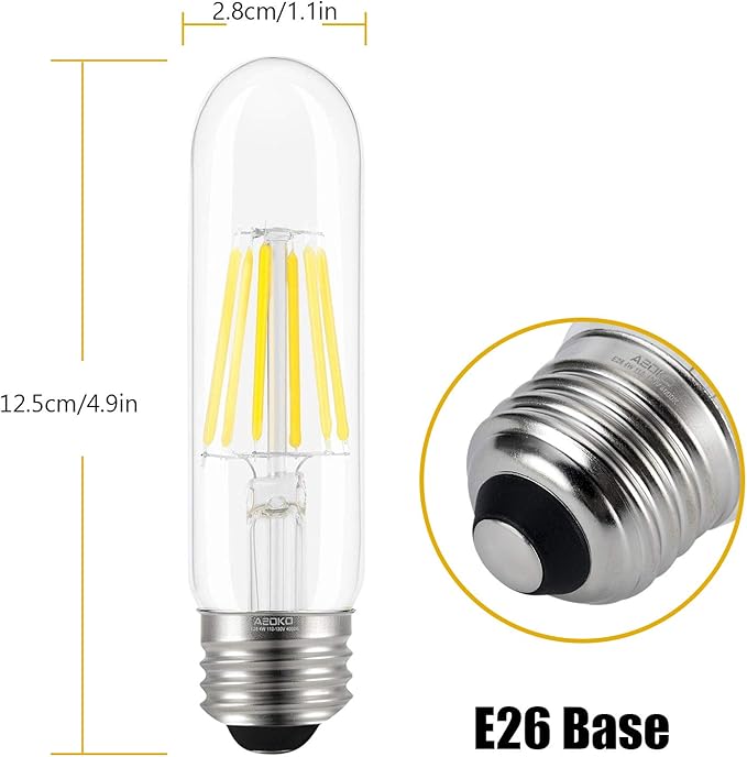 ASOKO E26 T10 Bulbs Daylight White 6W, Dimmable T10 Edison Bulb 60 watts 4000K, E26 Base LED Tubular Light Bulbs, Tube Vintage LED Edison Bulb for Desk Lamp, Pendant Lights, Home (3 Pack)
