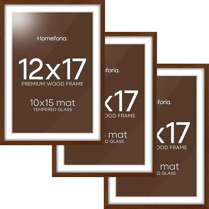 Homeforia 12x17 Picture Frame Brown, High End Dark Oak 12x17 Poster Wood Frame with Mat 10x15 for Photo, 12 x 17 Wooden Walnut Frame Matted to 10 x 15, 17x12 Frames, Tempered Glass, Wall Kit, Set of 3