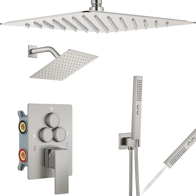 Aolemi Shower Faucet Set Ceiling Mount Shower System Rough-in Valve and Shower Trim Kit 2 in 1 Handheld Spray Push Button Diverter 16 and 6 Inch Dual Shower Head Brushed Nickel