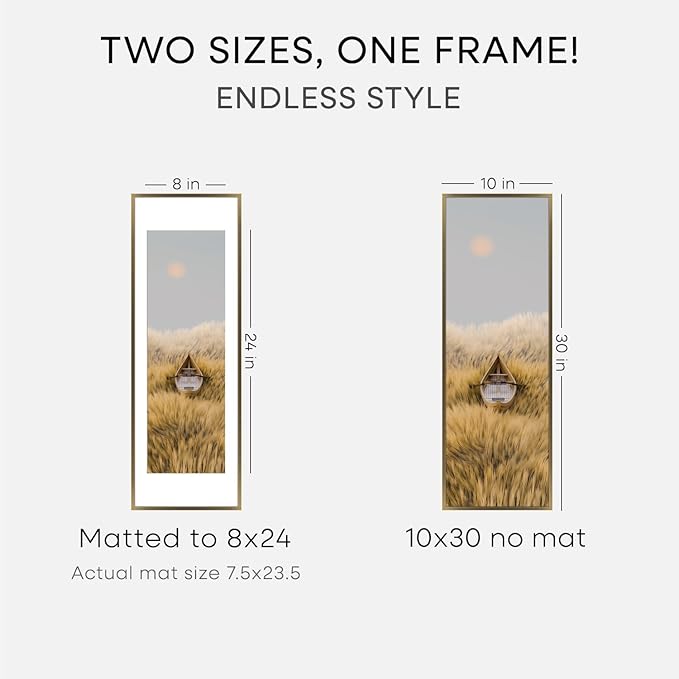 Homeforia 10x30 Picture Frame Bronze, High End Metal 10by30 Brass Poster Frames with Mat 8x24 Photo, 10 x 30 Panoramic Frames Matted to 8 by 24 Print, 30by10 Frames, Tempered Glass, Wall Kit, Set of 2