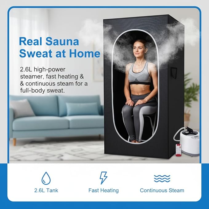HomeCare Portable Home Sauna Box, Foldable Steam Room with 2.6L 1200W Steamer, 9 Temp & 90 Min Timer, Includes Folding Chair for Relaxation