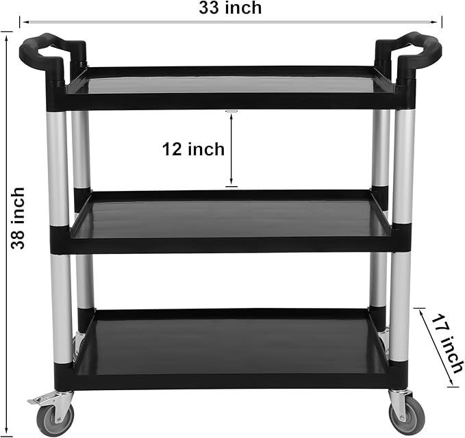 3-Shelf Rolling Utility Push Cart on Wheels, 500 LBS Capacity Heavy Duty Black Steel Organizer, Service Cart Push Cart for Restaurant, Bathroom, Catering Service & Business Tools Cleaning