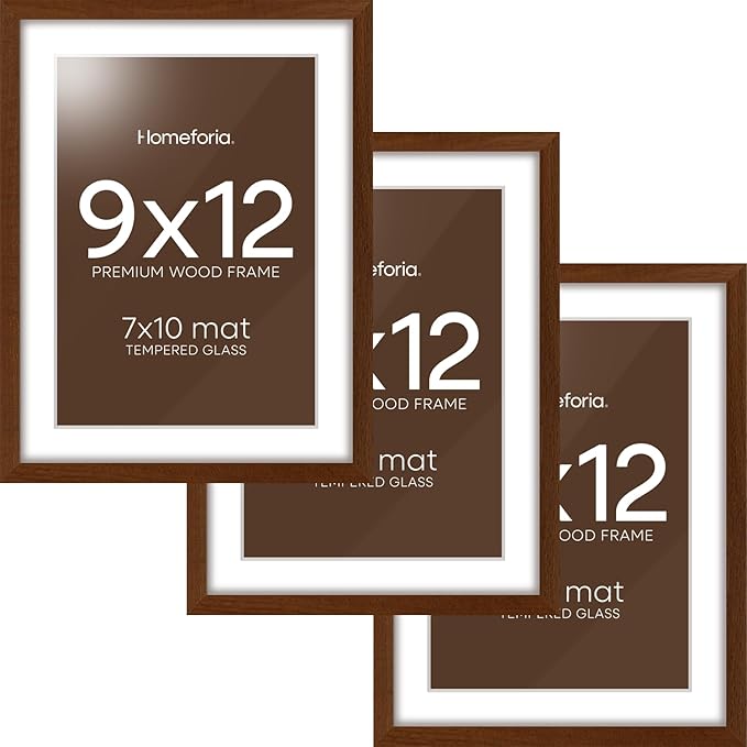 Homeforia 9x12 Picture Frame Brown, High End Dark Oak 9 x 12 Walnut Wooden Frames with Mat 7 by 10 Photo, 12x9 Wood Frame Matted to 7x10 Art, Wall or Tabletop Frame, Tempered Glass, Wall Kit, Set of 3