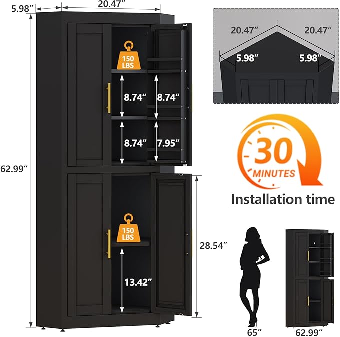 63" Tall Metal Corner Kitchen Pantry Cabinet, Steel Storage Cabinets with 4 Doors and 3 Shelves, Kitchen Food Cabinets with 6 Door Panel Shelves, Farmhouse Cupboard for Kitchen Dining, Black
