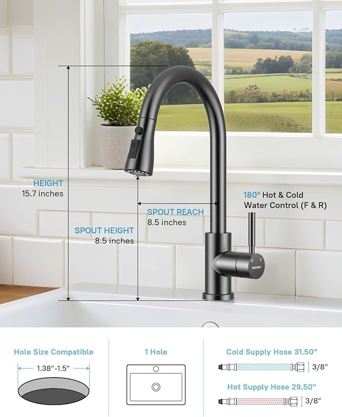 WEWE Kitchen Faucet with Pull Down Sprayer and Soap Dispenser, Stainless Steel Kitchen Sink Faucets, 3-Mode High Arc Single Handle Faucet for RV Farmhouse, Matte Gray