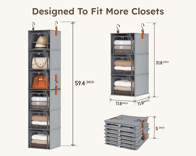 6-Tier Modular Hanging Closet Organizer Shelves, Front Opening, Oxford Fabric - Image 3