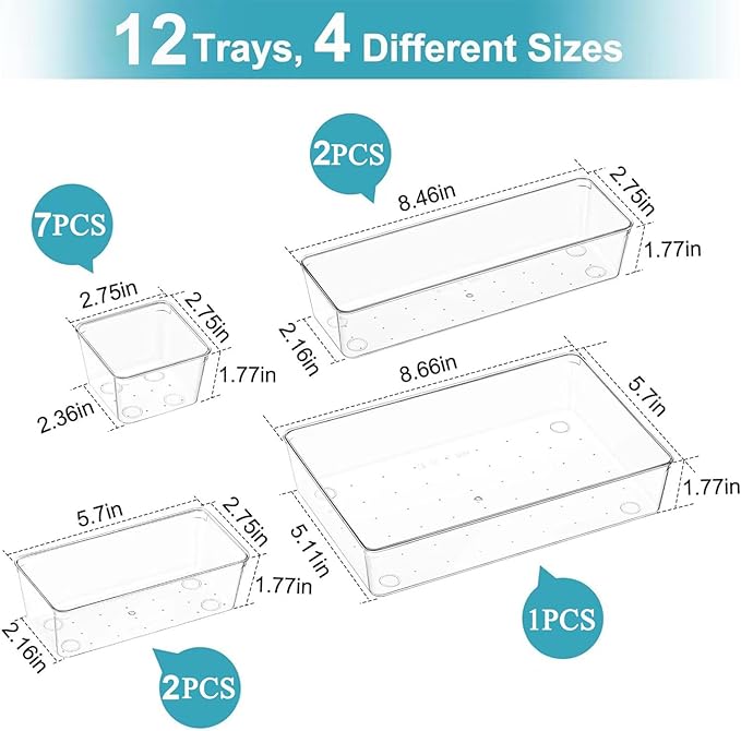 Manalete 12 Pcs Clear Plastic Drawer Organizer, Makeup & Vanity Organizer | - Image 2