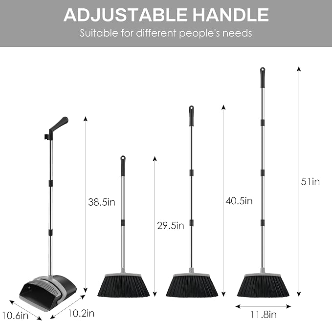 Broom and Dustpan Set for Home, 51-in Long Adjustable Handle Angle Broom and - Image 2