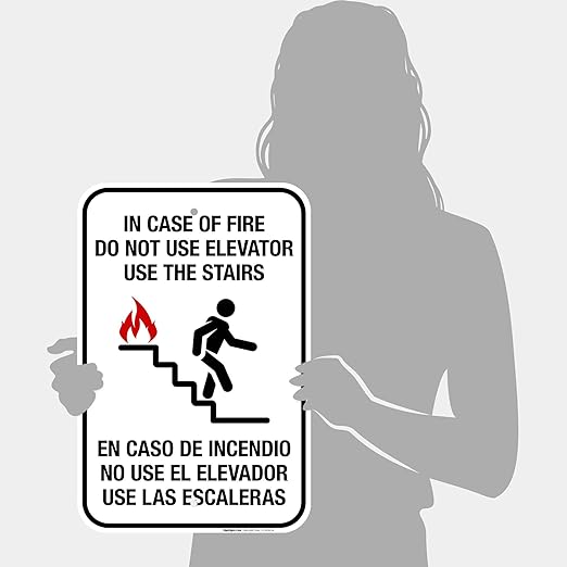 in Case of Fire Do Not Use Elevator Use The Stairs Bilingual Sign, Fire Safety Sign, 12x18 Inches, Rust Free .063 Aluminum, Fade Resistant, Made in USA
