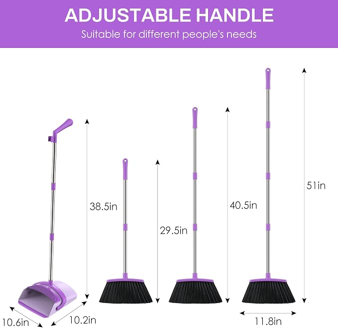 Broom and Dustpan Set for Home, 51-in Long Adjustable Handle Angle Broom and - Image 2