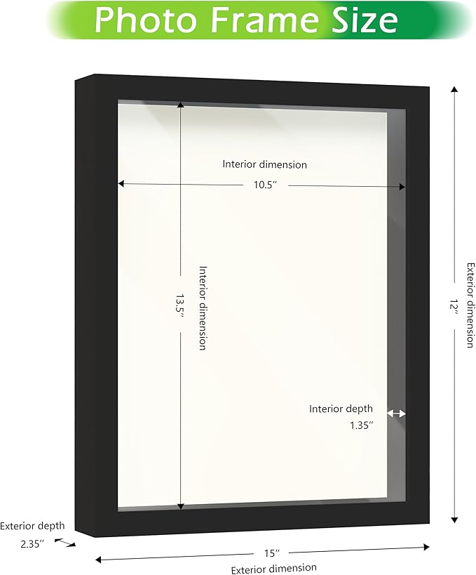 FrameWorks 11” x 14” Black Wooden Shadow Box Frame – Display Case with Soft Felt Back, Memory Box with Tempered Glass, Display Box with Elegant White Ball Push Pins, Wooden Flower Box