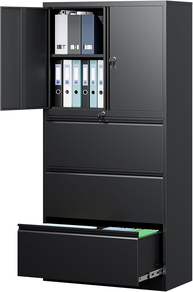Letaya 3 Drawer Metal Storage Cabinets for Home Office,File Cabinet with Lock and 2 Adjust Shelves-Hang Filing Legal/Letter/A4/F4 Size（Black