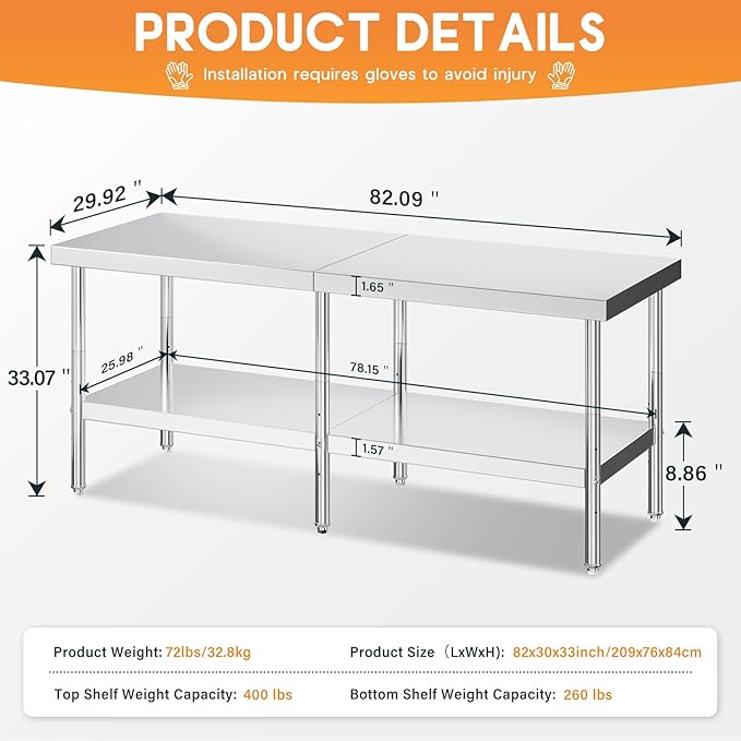 Jocisland 30" x 82" Stainless Steel Table for Prep & Work Adjustable Under Shelf and Feet, for Commercial Kitchen, Restaurant, Hotel and Garage