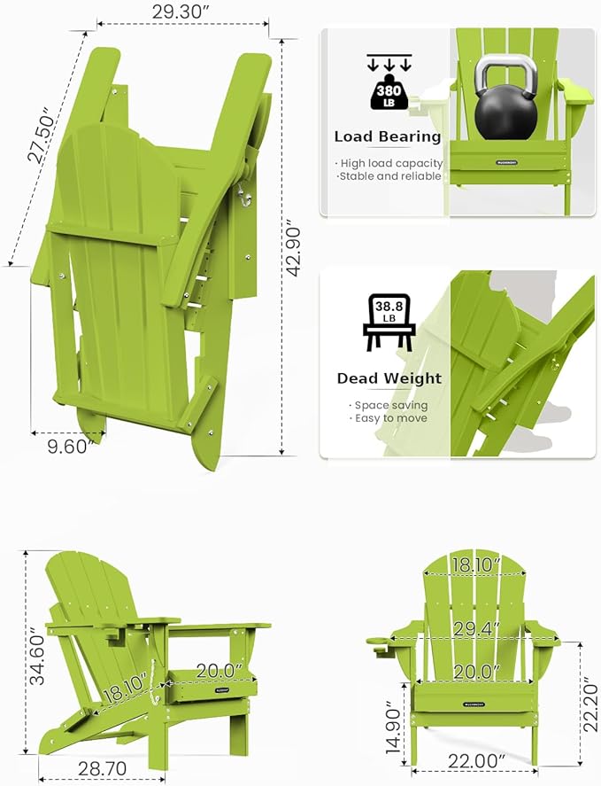 MUCHENGHY Folding Adirondack Chairs Set of 4, Patio Chairs, Lawn Chairs, Outdoor Chair, Adirondack Chair Plastic, Fire Pit, Weather Resistant with Cup Holder for Deck, Backyard, Garden(Lemon Green)