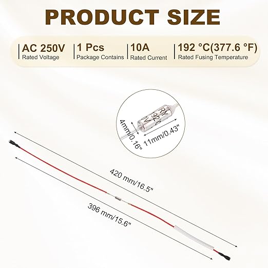 MECCANIXITY Universal Rice Cooker Temperature Fuse, 192°C 10A 250V Metal Thermal Fuse with Both End Terminal Fiberglass Sleeving for Electric Pressure Cooker Repair Part