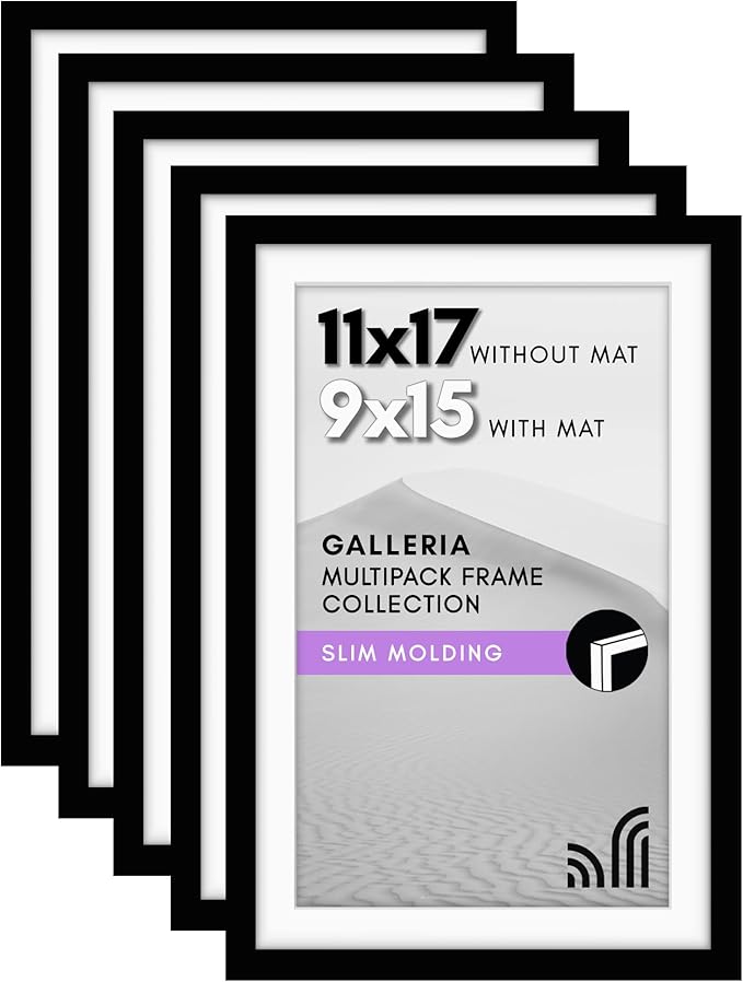 Americanflat 11x17 Picture Frame with Polished Plexiglass - Set of 5 - Use as 9x15 Frame with Mat or Display 11x17 Photo Without Mat - Galleria Collection - Picture Frames for Wall Display - Black
