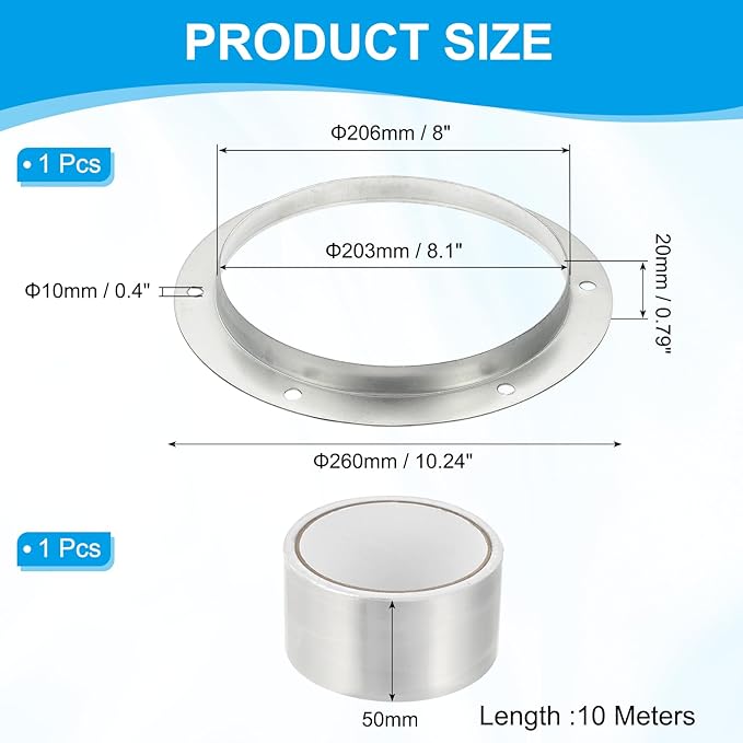 PATIKIL 8 Inch Duct Connector Flange, Metal Straight Pipe Exhaust Flange Duct Mounting Plate for Heating Cooling Ventilation HVAC System, Galvanize Steel