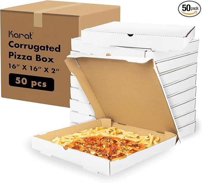 Karat Pizza Boxes 16" x 16" [50 Pack] White Corrugated Boxes | Ventilated, Grease-Resistant, Durable for Pizza or Mailing Use