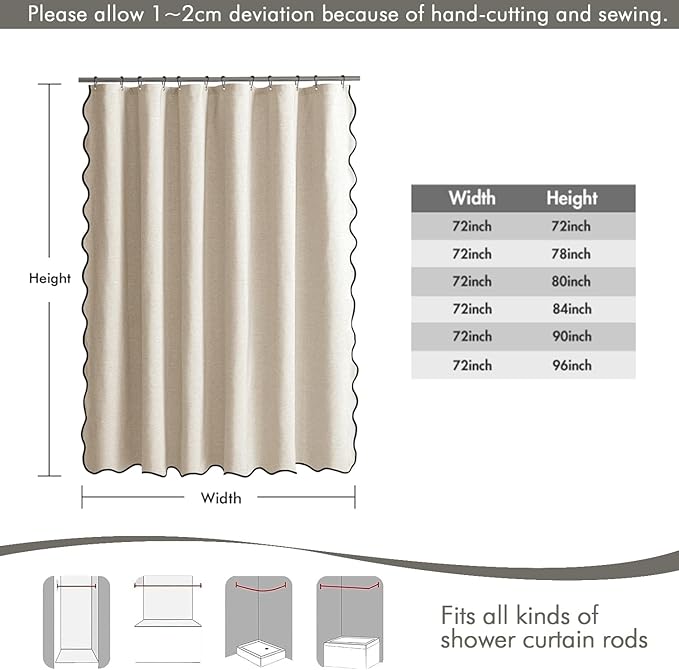 MIULEE 72"x96" Extra Long Scalloped Linen Shower Curtain Cream Beige - Image 6