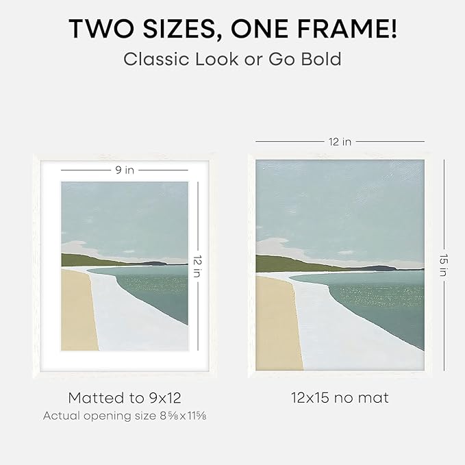Homeforia 12x15 White Picture Frame, High End Oak 12x15 Wood Poster Frames with Mat 9x12 Print, 12 x 15 White Wooden Frame Matted to 9 by 12 Photo, 15x12 Thin Frame, Tempered Glass, Wall Kit, Set of 2