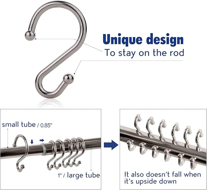 Metal Shower Curtain Hooks，Set of 12 Rings，Rust Resistant S Shaped Hooks Hangers - Image 3