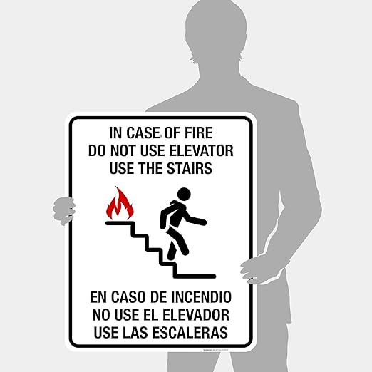 in Case of Fire Do Not Use Elevator Use The Stairs Bilingual Sign, Fire Safety Sign, 24x30 Inches, 55 mil Thick HDPE (high Density polyethylene), Made in USA