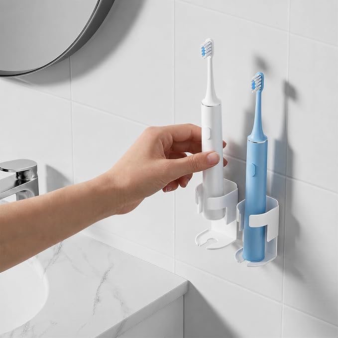 Adhesive Electric Toothbrush Holder Wall Mounted, Aluminum White 2 Pack | - Image 6