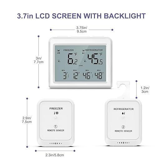 Digital Refrigerator Thermometer - 3.7 inch LCD Backlight Freezer Thermometer with 2 Sensors, Digital Fridge and Freezer Thermometer with Alarm, Max/Min Records, for Homes Restaurants Cellars